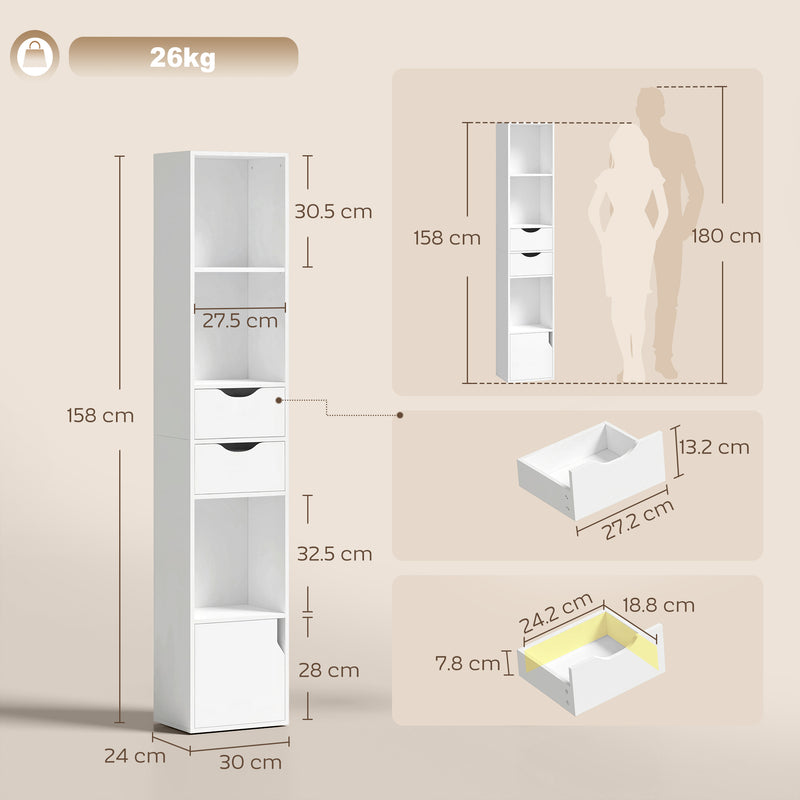 Slim Corner Bookcase with Shelves Drawers and Cabinet for Compact Home Storage White AOSOM