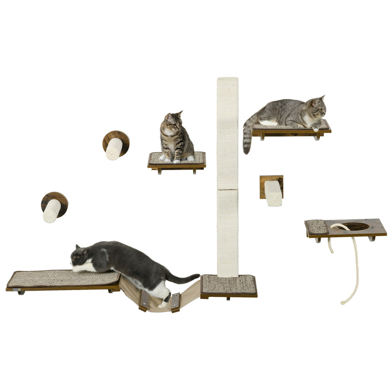 Wall Mounted Cat Tree Set with Scratching Posts and Perches for Play and Sleep Brown