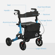 Blue Folding Rollator Walker with Seat Backrest Storage Bag and Dual Brakes by HOMCOM AOSOM