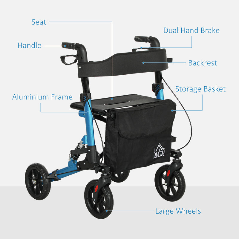 Blue Folding Rollator Walker with Seat Backrest Storage Bag and Dual Brakes by HOMCOM AOSOM