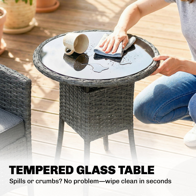 Grey Rattan Bistro Set With Reclining Chairs Table and Cushions for Small Gardens or Balconies