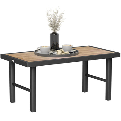 Metal Rectangular Garden Coffee Table with Woodgrain SPC Tabletop for Outdoors 100cm Brown by Outsunny