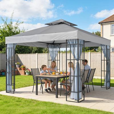 3x3m Garden Gazebo with Mesh Netting for Shaded Outdoor Entertaining, Light Grey Outsunny