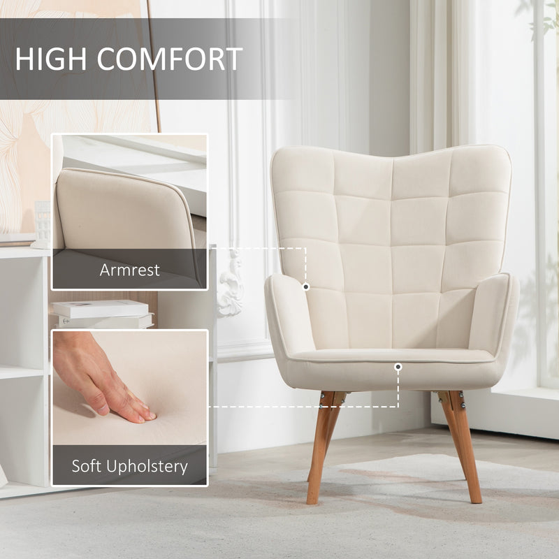 Set of 2 Velvet Wingback Armchairs with Wood Legs for Lounge or Living Room Cream White AOSOM