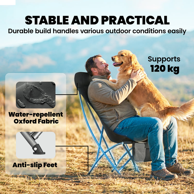 Folding Moon Camping Chair with Supportive Seat and Side Pocket for Outdoor Comfort Black