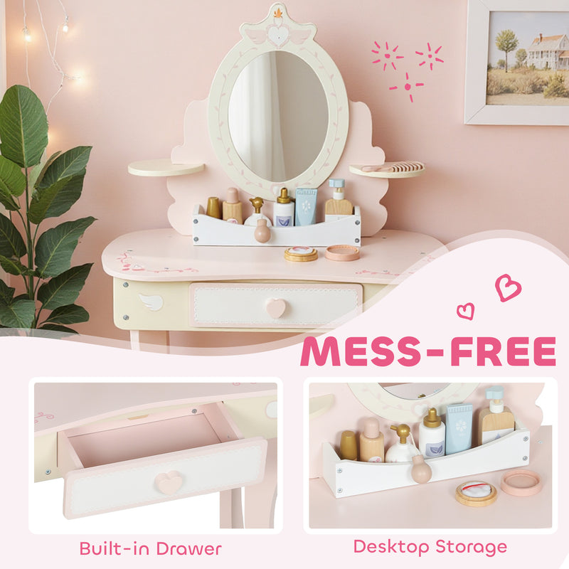 Kids Vanity Dressing Table Set With Mirror Stool Storage And Accessories For Girls Pink