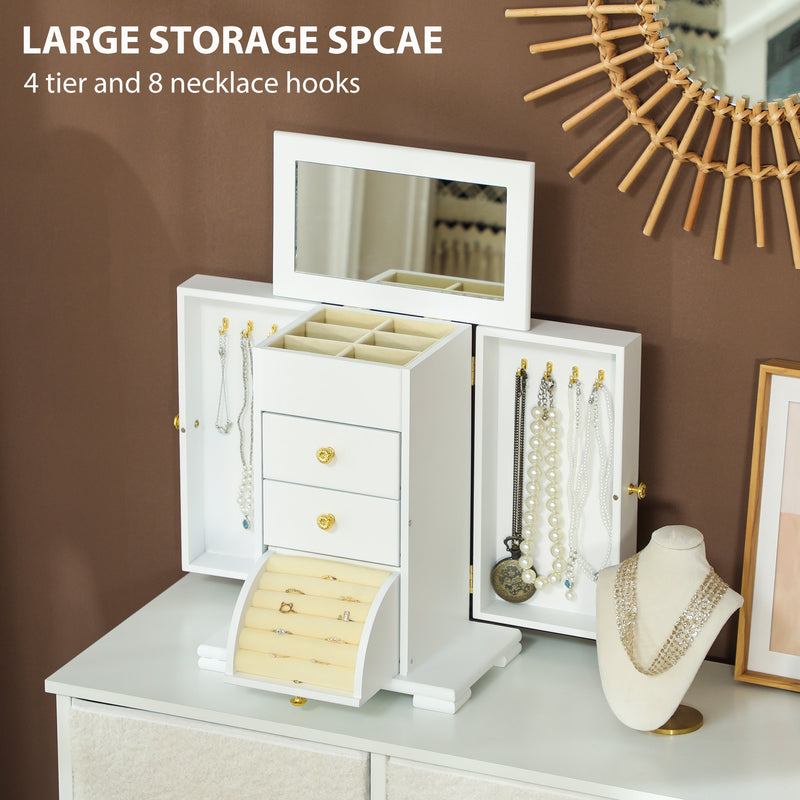 4 Tier Jewellery Storage Box with Mirror and Drawers for Organising Accessories White