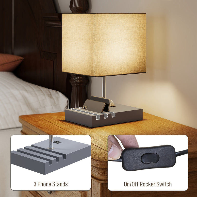 Modern Bedside Table Lamp with USB Charging Ports and Phone Holders for Bedroom Grey AOSOM