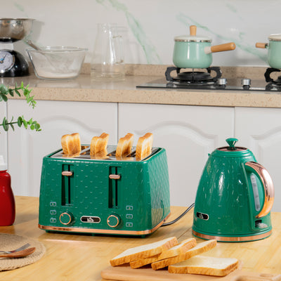 Fast Boil 17L Jug Kettle and 4 Slice Toaster Set with Browning Control Green