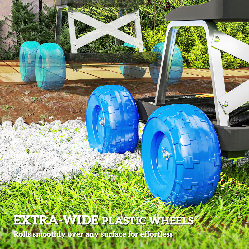 Blue Rolling Garden Seat with Wheels and Tool Tray for Weeding and Planting by Outsunny
