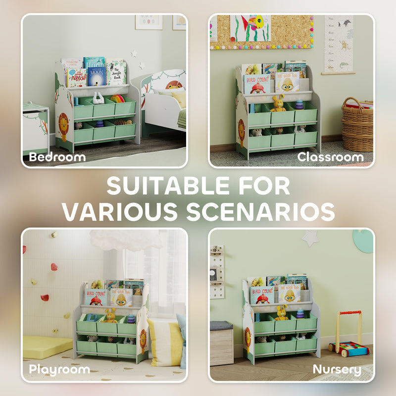 Jungle Themed Kids Storage Shelf With Removable Drawers and Book Racks for Easy Organisation Green Zonekiz
