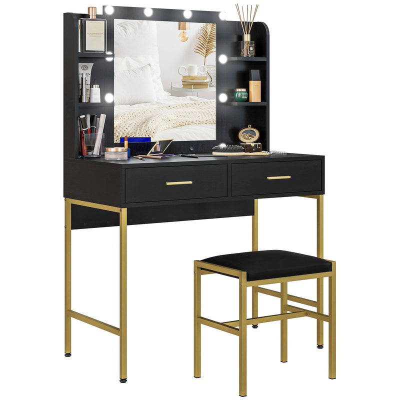 Dressing Table Set With Drawer Storage and Padded Stool for Bedroom Use Black