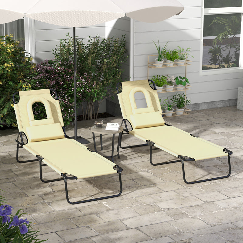 Set of 2 Folding Sun Loungers with Face Hole and Adjustable Backrest for Garden Use, Beige