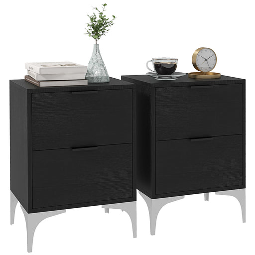 Set of Two Wooden Bedside Tables with Storage and Steel Frame for Bedroom, Black