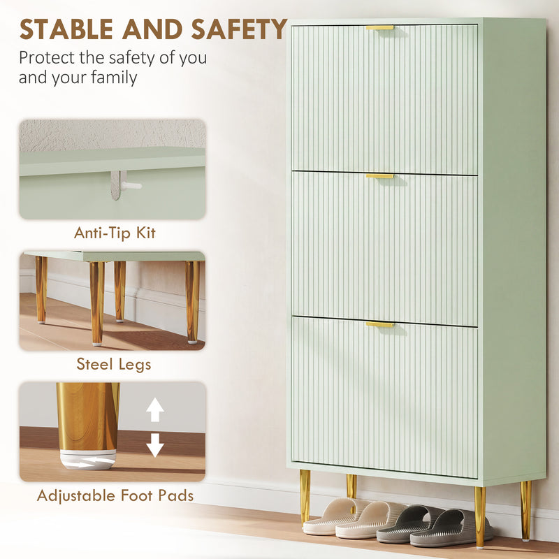 Slim Shoe Cabinet for Hallway Organisation with Flip Drawers and Adjustable Shelves Light Green