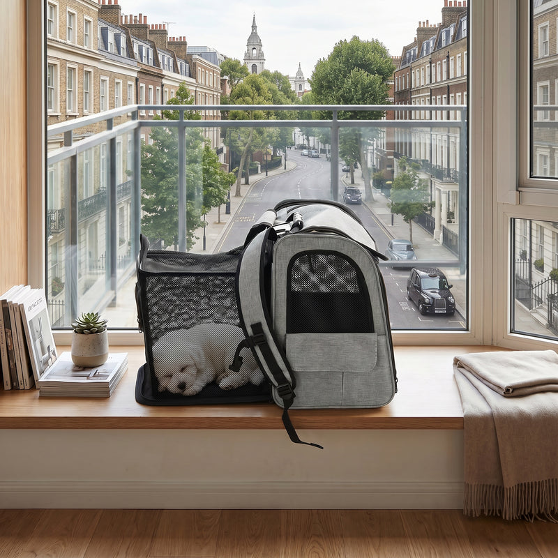 Backpack Pet Carrier with Expandable Space for Cats and Small Dogs Light Grey
