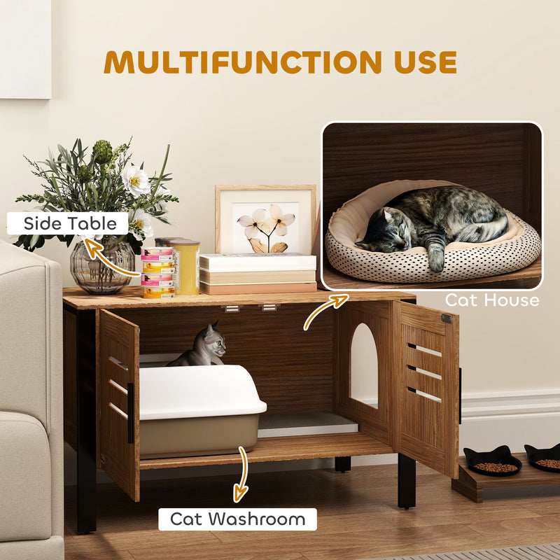 Dark Brown Cat Litter Box Enclosure With Scratcher Legs Double Doors and Ventilation Holes