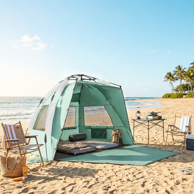 Pop Up Beach Tent for Quick Sun and Wind Protection with Mesh Windows Green Outsunny