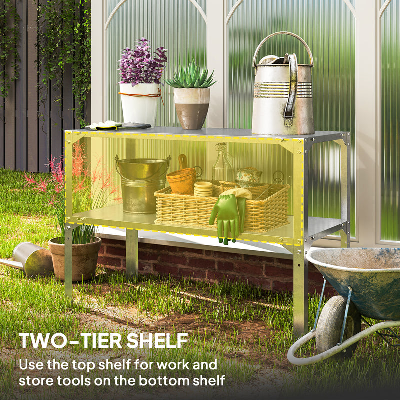 2 Tier Galvanised Steel Potting Bench Table With Storage Shelf for Garden and Greenhouse by Outsunny