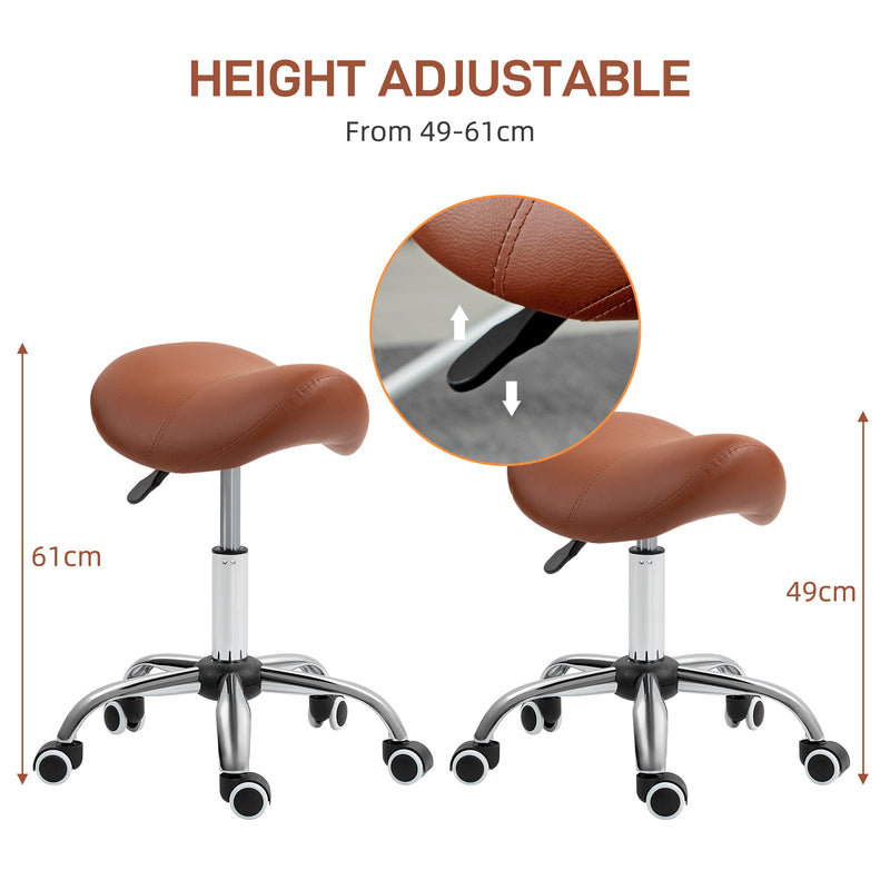 Height Adjustable Saddle Stool for Salon or Spa Use with Faux Leather Seat Brown