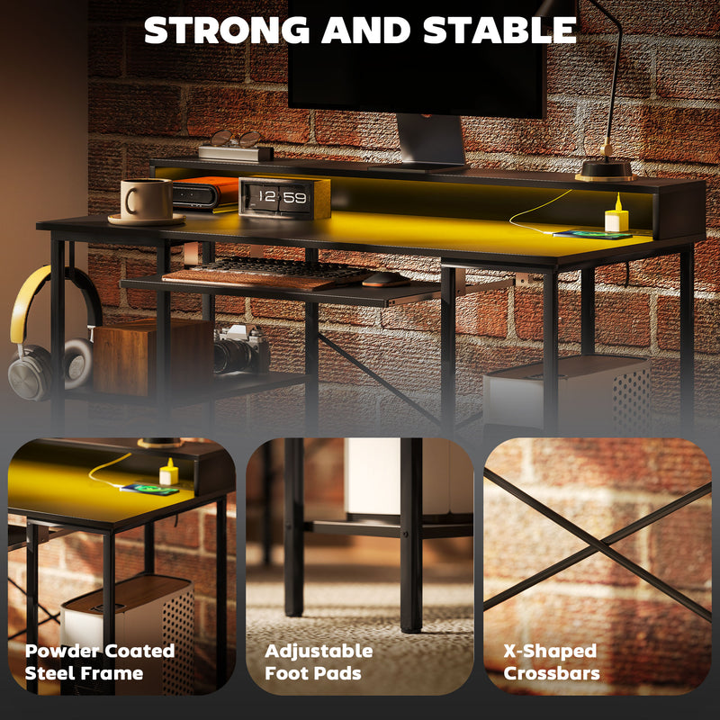 Reversible Computer Desk with LED Lights and Power Outlets 120 cm Gaming Desk with Storage by HOMCOM