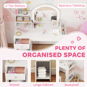 Kids Vanity Table Set with LED Mirror Storage Shelves and Chair for Girls Bedroom White