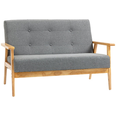 2 Seater Linen Fabric Sofa with Tufted Back and Wooden Legs for Living Room, Dark Grey