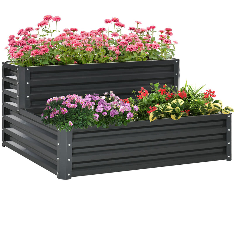 Dark Grey 2 Tier Raised Garden Bed With Open Bottom For Growing Vegetables And Herbs