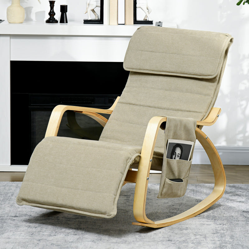 Rocking Recliner Lounge Chair with Adjustable Footrest and Side Pocket for Relaxing Khaki