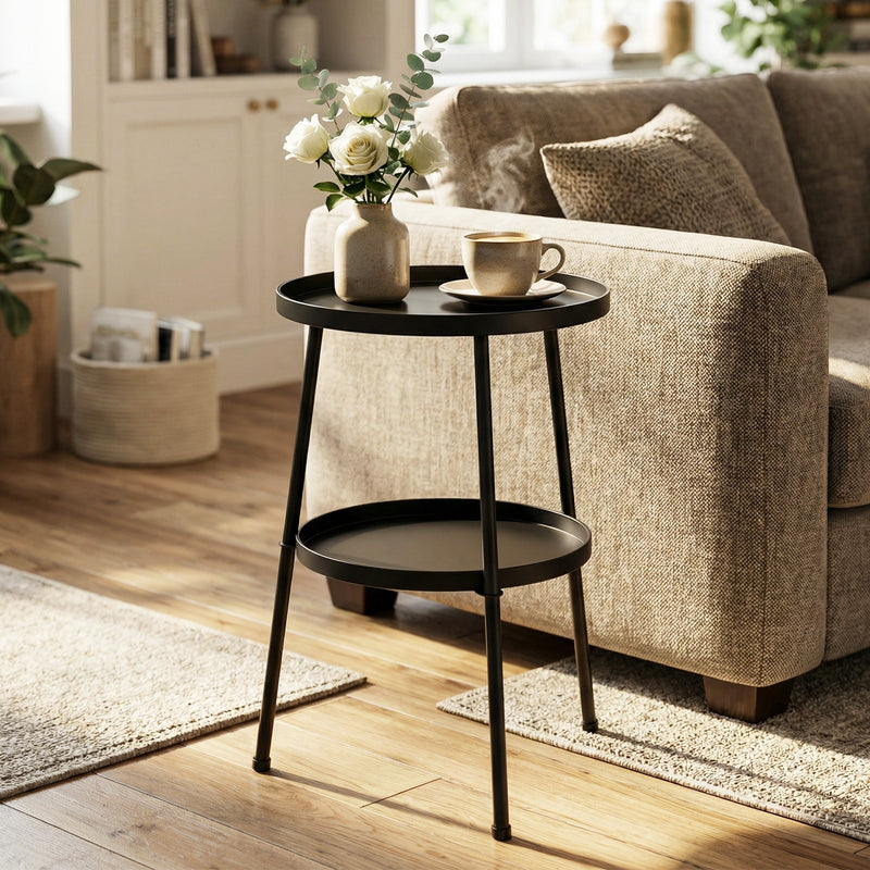 Small Two Tier Garden Side Table for Balconies and Patios with Adjustable Feet Black Outsunny
