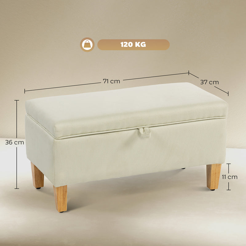 30L Beige Linen Storage Ottoman with Padded Seat and Wooden Legs for Bedroom or Hallway