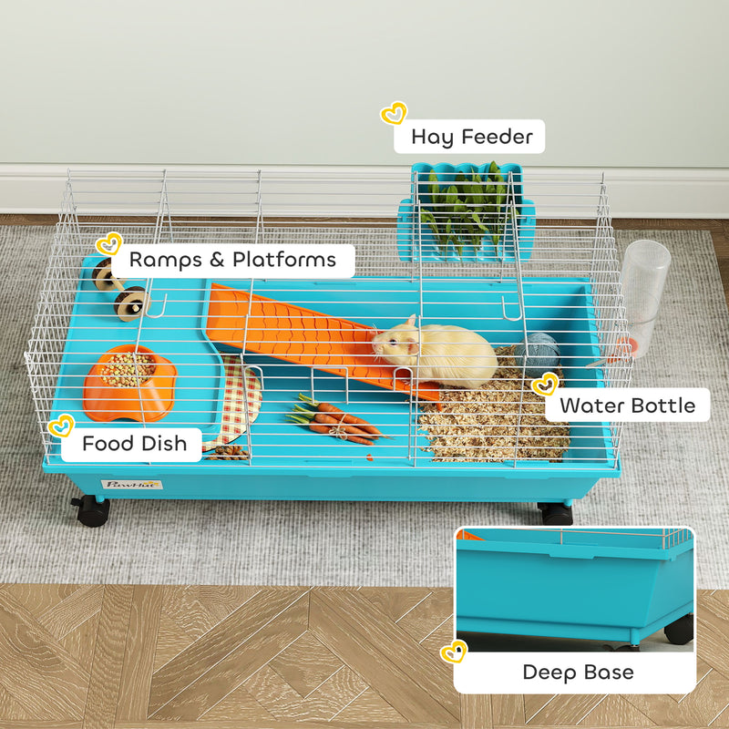 Small Animal Cage with Deep Base and Easy Access Doors for Rabbits and Guinea Pigs Blue AOSOM