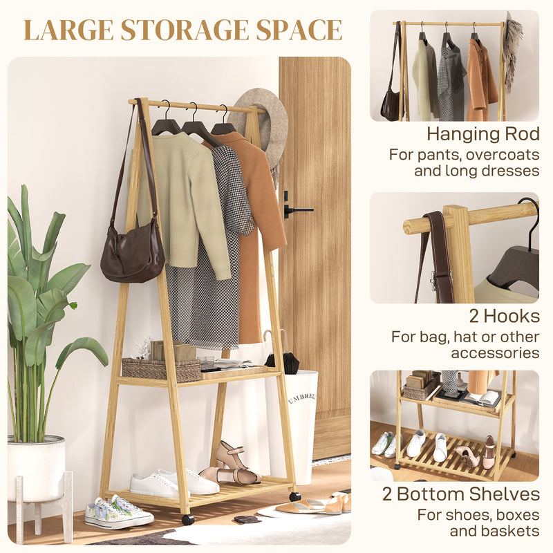 Natural Bamboo Clothes Rack with Shelves and Hooks for Storage by HOMCOM