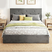 Ottoman King Size Bed Frame With Lift Up Storage & Velvet Headboard for Organised Bedrooms, Dark Grey Homcom
