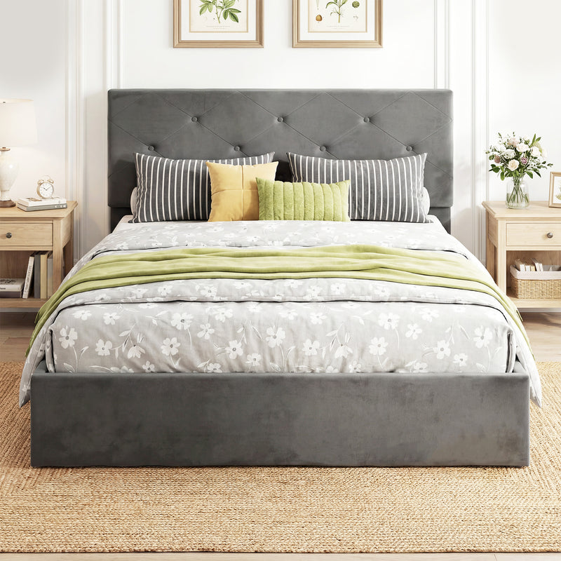 Ottoman King Size Bed Frame With Lift Up Storage & Velvet Headboard for Organised Bedrooms, Dark Grey Homcom