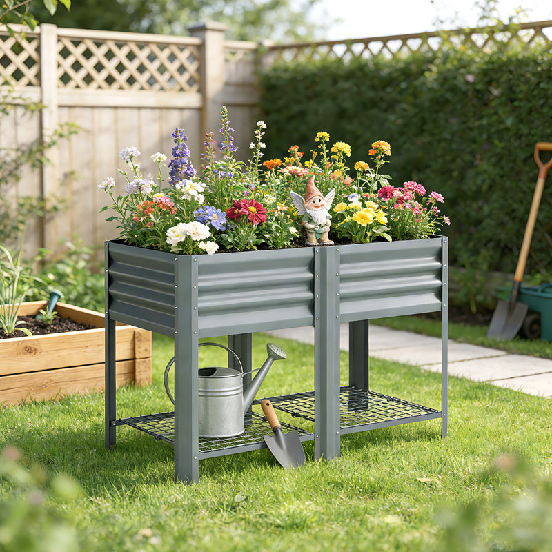 Raised Steel Planter with Shelf for Easy Standing Gardening 150L Silver, Grey Outsunny