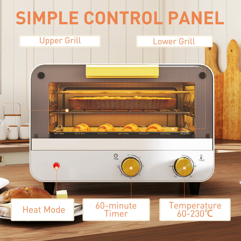 White 12L Mini Toaster Oven With Adjustable Timer and Glass Door For Small Kitchens