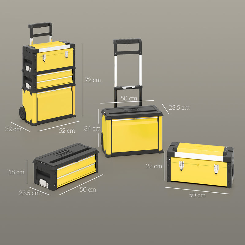 Yellow 3 in 1 Stackable Rolling Tool Box With Wheels For Garage Or Workshop Storage