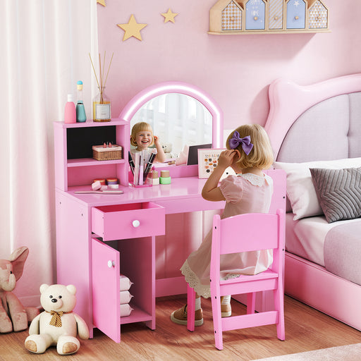 Kids Dressing Table and Chair Set with LED Mirror and Storage for Bedroom Playtime, Pink AOSOM