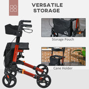 Folding Lightweight Rollator Walker with Seat Backrest Storage Bag and Brakes Red AOSOM