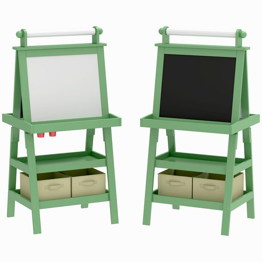 3 in 1 Kids Easel with Magnetic Whiteboard Chalkboard Paper Roll and Storage Baskets, Green