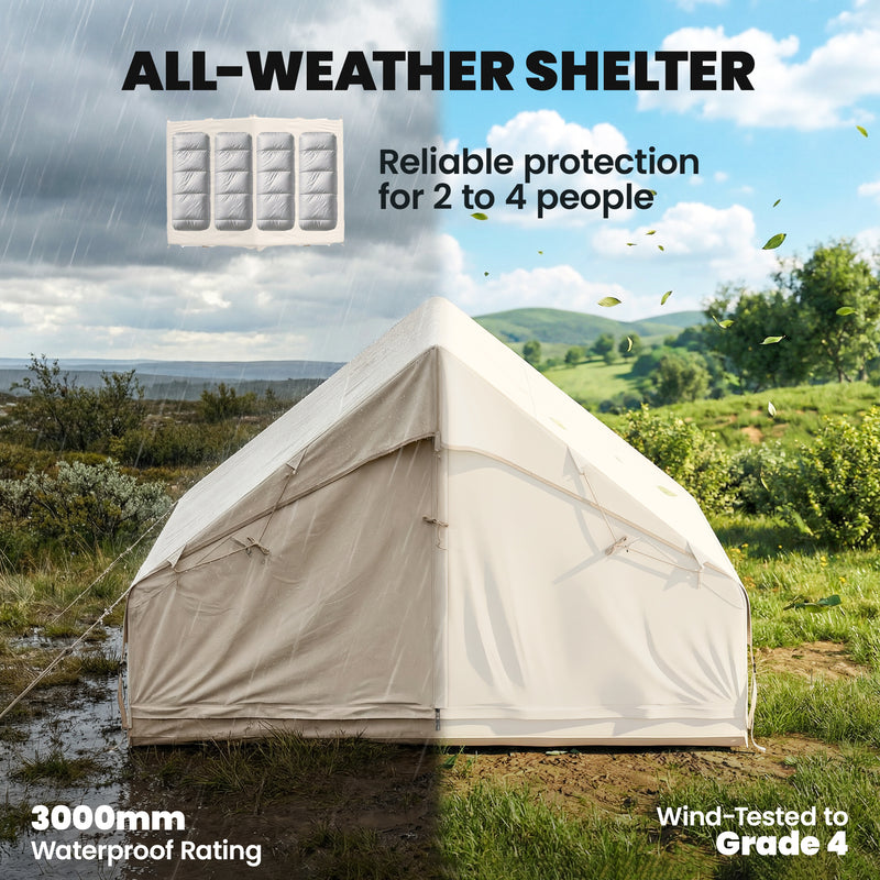 Inflatable Camping Tent For 2–4 People With Pump, Waterproof, Windproof, Beige