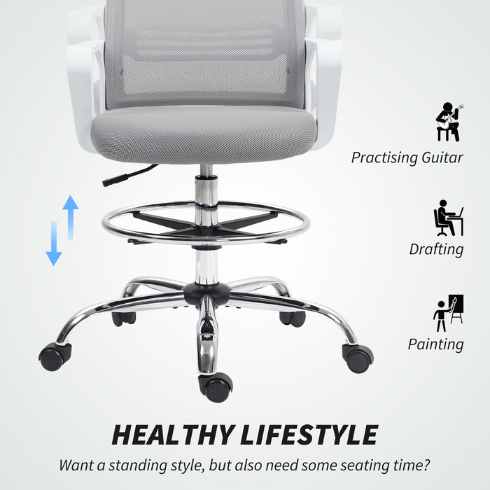 Grey Ergonomic Mesh Drafting Chair with Lumbar Support and Adjustable Foot Ring by HOMCOM