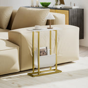 Narrow Side Table with Magazine Rack Ideal for Small Rooms and Bedrooms White Marble Grain
