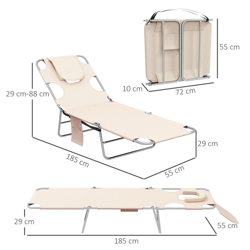 Set of 2 Foldable Sun Loungers with Reading Hole and Adjustable Backrest for Garden Beige AOSOM