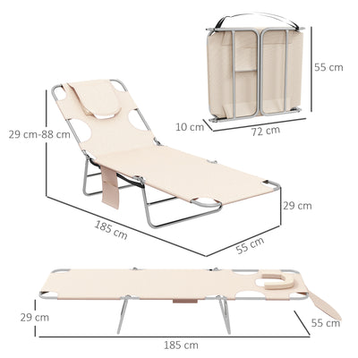 Set of 2 Foldable Sun Loungers with Reading Hole and Adjustable Backrest for Garden Beige AOSOM