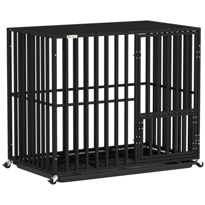 Steel Dog Crate With Removable Tray and Wheels for Secure Home Use Black AOSOM
