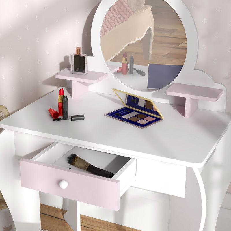 Kids Dressing Table with Mirror and Stool Ideal for Bedroom or Playroom, White and Pink