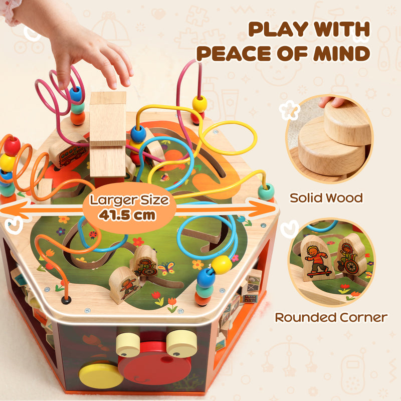 8 in 1 Wooden Activity Cube with Bead Maze and Shape Sorter for Toddlers 18 Months+ Natural AOSOM