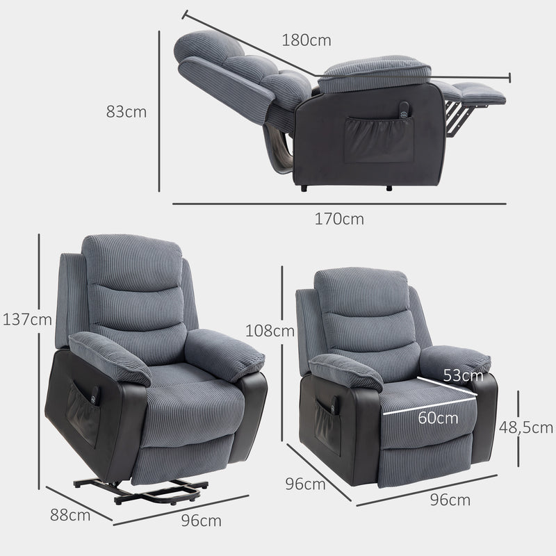 Dark Grey Overstuffed Corduroy Electric Recline and Lift Chair for Ultimate Comfort by HOMCOM